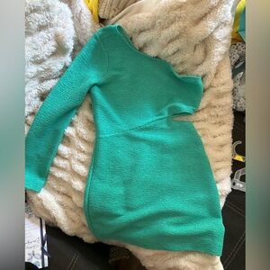 BCBGGeneration One Sleeve Cutout Crepe Coctail Mini Dress- Blue/Green